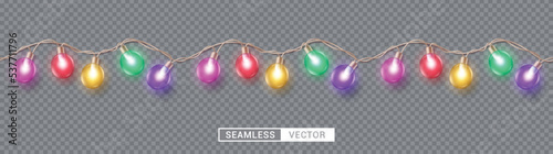 Christmas light seamless vector design. Seamless sparkling lights decoration with colorful bulb xmas elements for seasonal holiday background. Vector Illustration.