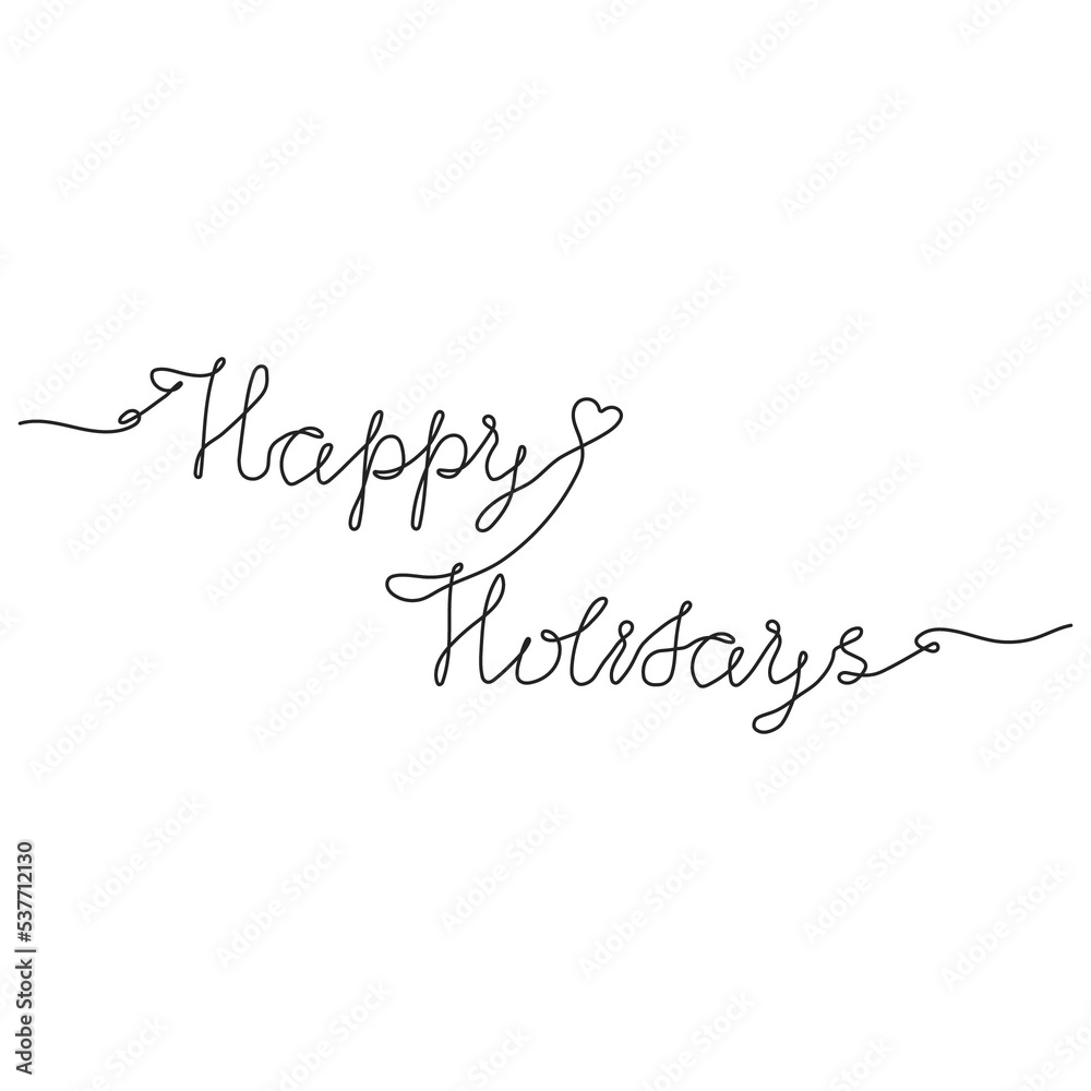Continuous one line drawing of lettering Happy Holidays. Hand drawn text in linear style. Png on transparent background