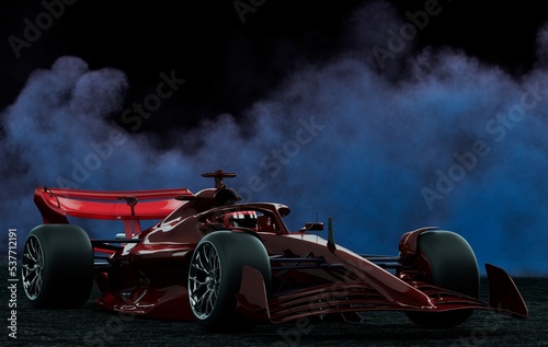 Red color sports race car in the dark setting, smoke ambience in the background. 3d rendering