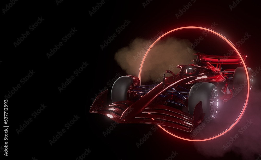 Red color sports racing car in the dark setting, neon light effect background. 3d rendering