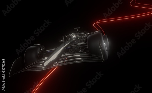 Sports racing car in black and light speed effect, light trails effect in the background. 3d rendering