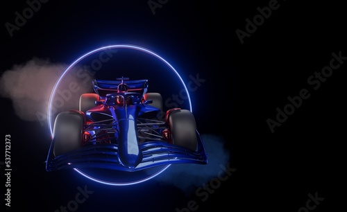 Sports racing car in blue, Circle neon light effect background. 3d rendering
