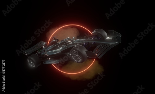 Sports racing car in dark grey tone, Circle, neon light effect background. 3d rendering