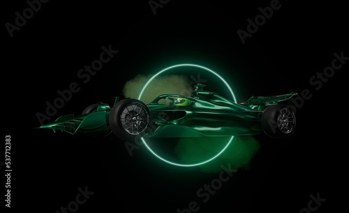 Sports racing car in green tone, neon light effect. 3d rendering