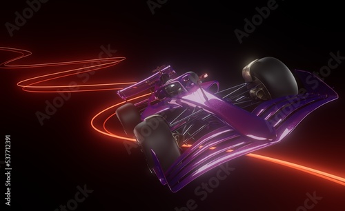 Purple sports racing car, background with glowing lights, light trails effect. 3d rendering