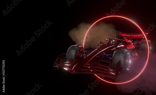 Red color sports racing car in the dark setting, neon light effect background. 3d rendering