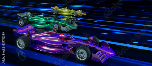 Racing sports cars with speed light effects. 3d rendering