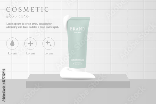 Facial cleanser and cosmetic product on bathroom background with foam.