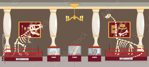 Vector illustration of modern interior archaeological exhibition. Cartoon interior with archaeological sites, dinosaur bones, vases.