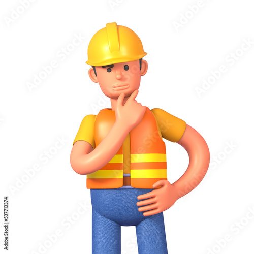 3d render of construction worker thinking, making decision, contemplating