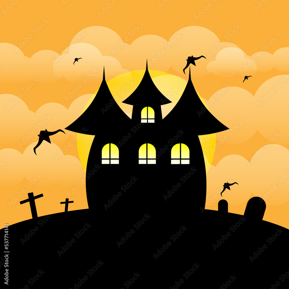 Halloween night scary house on the hill black castle on full moon background illustration Halloween festival concept haunted house