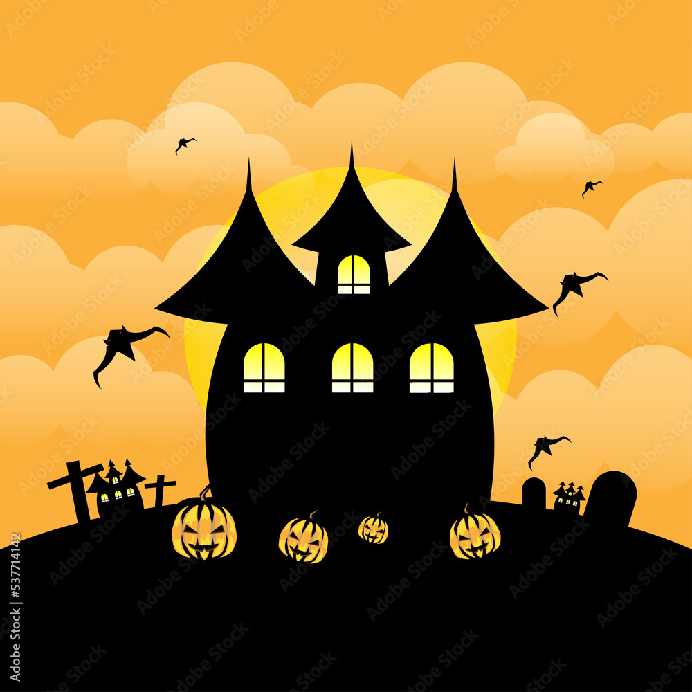 Halloween night scary house on the hill black castle on full moon background pumpkin bats illustration Halloween festival concept haunted house