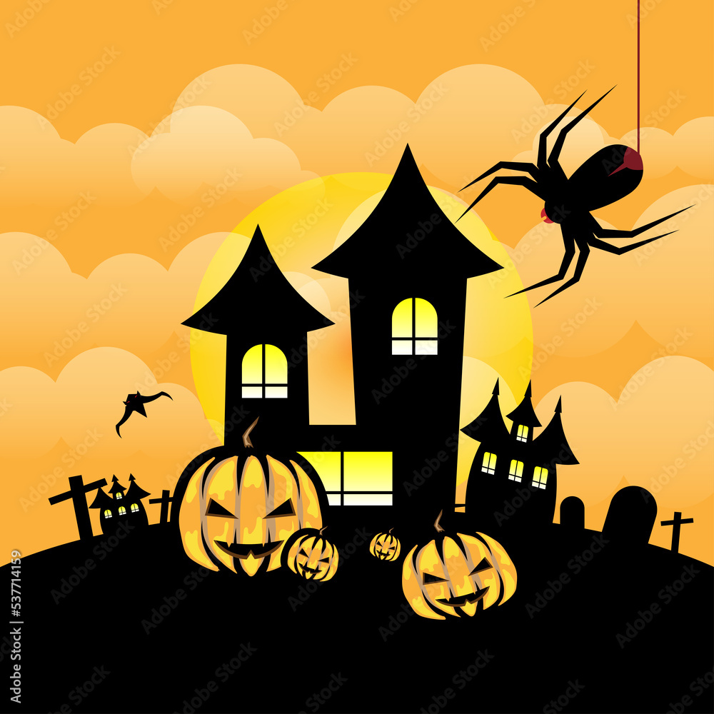 Halloween night scary house on the hill black castle on full moon background pumpkin spider illustration Halloween concept haunted house