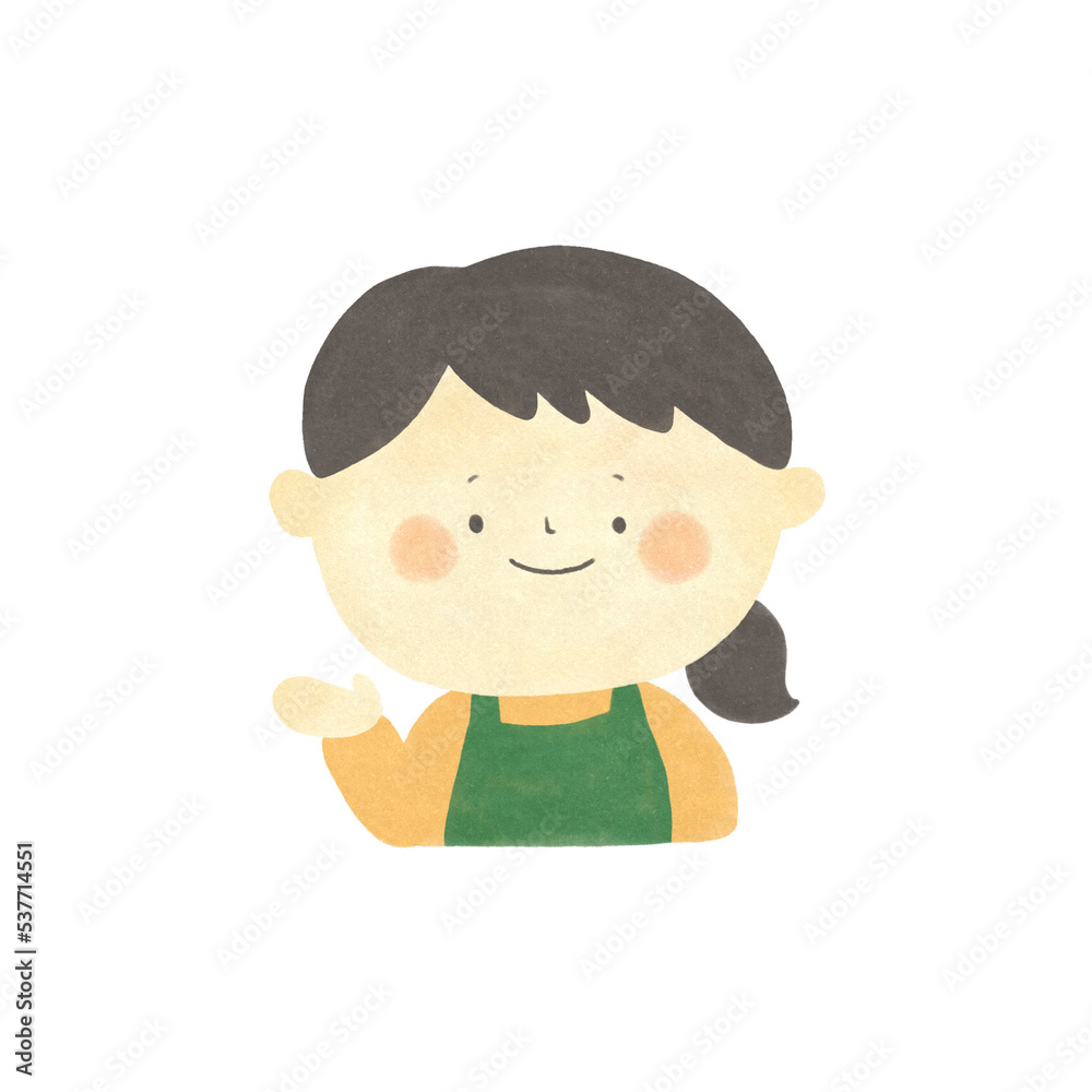 水彩画　ご案内　エプロンをつけた女性　手描きイラスト素材
