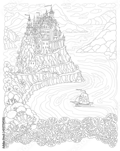 Fantasy black and white landscape. Fairy tale castle on a cliff,  sea fjord bay, mountains, sailing boat, forest. Coloring book page for adults and children