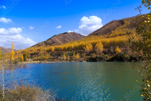 Mountain lake with yellow trees. Autumn landscape. Kyrgyzstan, Ak-Tuz gorge. Natural background.