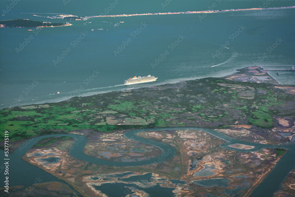 Obraz premium Venice Italy -aerial shot with a big ship in the lagoon of Venice