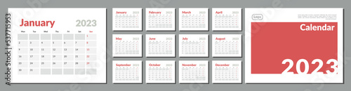 Set of 2023 Calendar Planner Template, and cover with Place for Photo and Company Logo. Vector layout of a wall or desk simple calendar with week start monday. Calendar grid in grey color for print