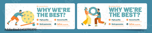 Business promotion banner with question Why we are best. Concept of teamwork, cooperation with people work together with abstract geometric shapes, vector flat illustration