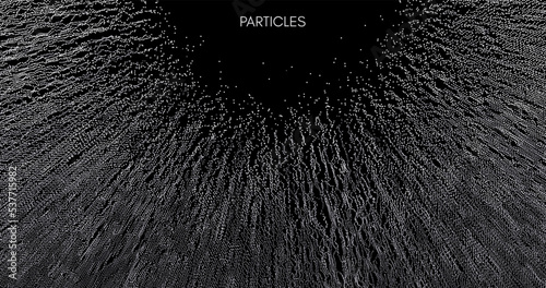 Small particles strive out of center. Array with dynamic particles. Abstract grid design. Vector illustration in technology style. Can be used for science or education.