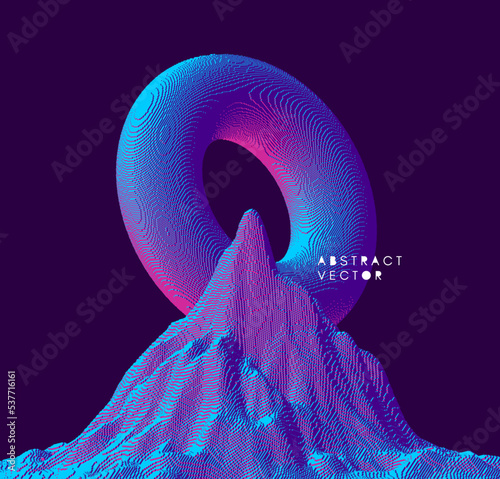 Alien fantasy landscape with rocks. Mountain peak. Futuristic backdrop in a voxel art style. Cyberspace concept. 3D vector illustration for brochure, magazine, poster, presentation, flyer or banner.