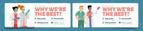 Medical center or lab promo flyer template set. Flat vector illustration of nurses and doctors in protective masks, gloves, scrubs on white background. Space for text. Professional healthcare services