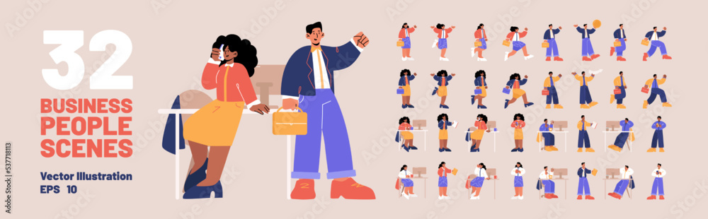 Business people scenes set with diverse men and women on workplace with table and computer, walk and run. Office workers with briefcases and phones, vector flat illustration