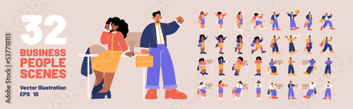 Business people scenes set with diverse men and women on workplace with table and computer, walk and run. Office workers with briefcases and phones, vector flat illustration