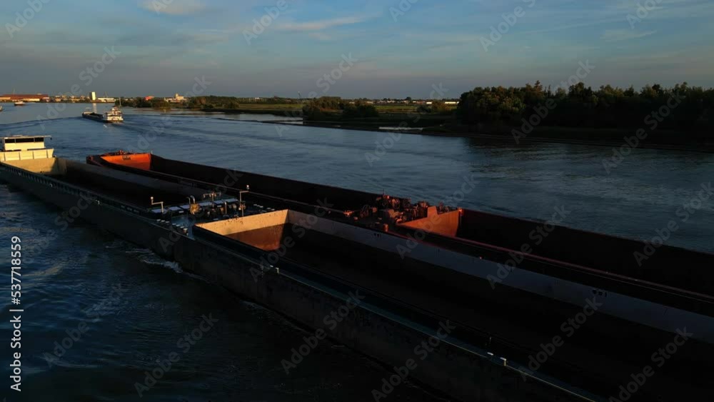 Aerial Orbital View of Nautical Traffic, Long Cargo Barge Inland ...