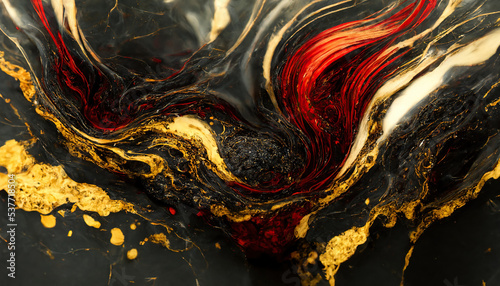 Abstract luxury marble background. Digital art marbling texture. Red, black and gold. 3d illustration