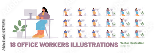 Large set of office workers flat vector illustration. Male and female characters sitting at computer desk isolated on white background. Happy, satisfied with success, sad and tired of stressful job