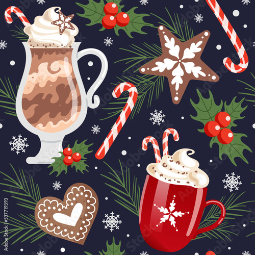 Winter Christmas drinks, seamless pattern. Hot chocolate and whipped cream. candy cane. Gingerbread in the form of snowflakes and hearts. Spruce and holly. For food for cafe, wallpaper, fabric