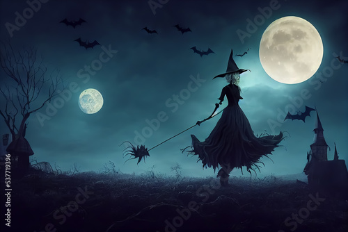 Fotografia A scary witch on a broom under the whole moon, castles and bats on the backgroun