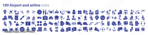 Collection of icons related to Airport and airline, including icons like airplane, baggage, flight and more. vector illustrations, Pixel Perfect
