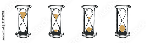 Set of full duration hourglass timer sketch drawing vector illustration antique sand glass