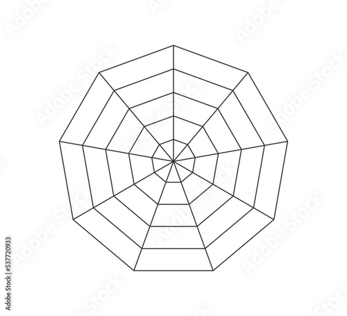 Octagonal radar or spider diagram template. Octagon graph. Flat spider mesh. Blank nine sided radar chart. Kiviat diagram for statistic and analitic. Vector illustration isolated on white background.