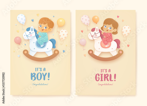 Set of baby shower invitation with cartoon boy and girl, rocking horse and helium balloons on beige background. It's a boy. It's a girl. Vector illustration