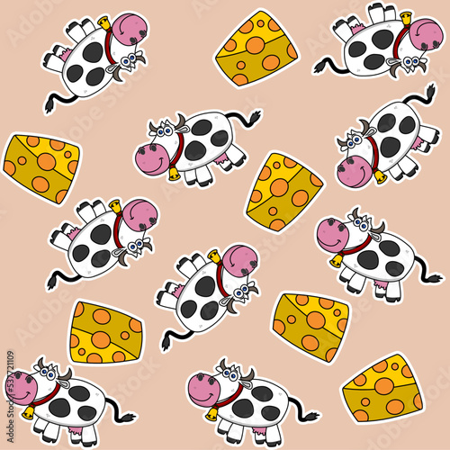 Decorative packaging pattern with dairy cow with bell and cheese