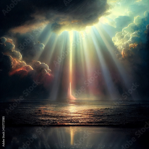 Bright heavenly rainbow sunbeams breaking through cumulus clouds. A symbol of hope and insight.High quality illustration