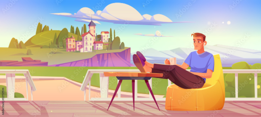 Man rest on wooden house terrace with view of mediterranean island with houses and trees. Summer landscape with person with cup sitting in bean bag chair on house porch, vector cartoon illustration