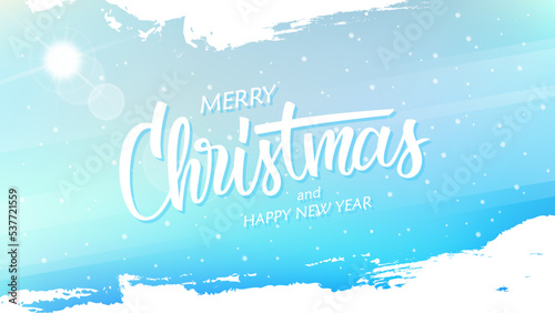 Merry Christmas and Happy New Year background with hand drawn lettering, sun, snowflakes and white brush strokes for winter holidays greetings and invitations. Vector illustration.