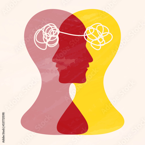 Metaphor bipolar disorder mind mental. Double face. Split personality. Concept mood disorder. 2 Head silhouette.Psychology. Mental health. Dual personality concept. Tangle and untangle