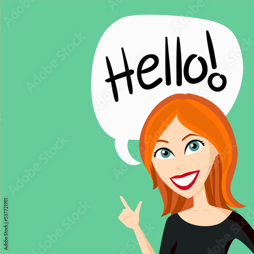 Illustration of a red-haired girl with a speech bubble with the word Hello