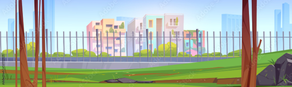 Summer landscape of park with green grass and trees and city houses behind metal fence. Cityscape with modern eco buildings with green plants on balconies, vector cartoon illustration