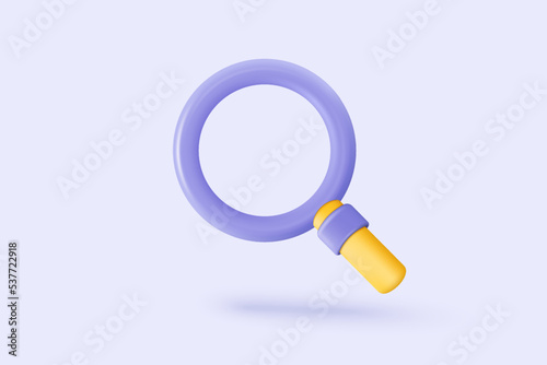 3D minimal purple search bar or magnifying glass in blank search bar on white background. Search bar design element on web browser. 3d vector magnifier render for UI illustration in pastel background
