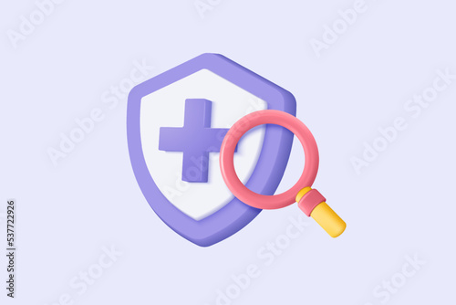 3d purple plus sign with search icon or magnifying glass in blank background. First aid and health care with minimal style. Medical symbol of emergency help. 3d aid icon vector render illustration