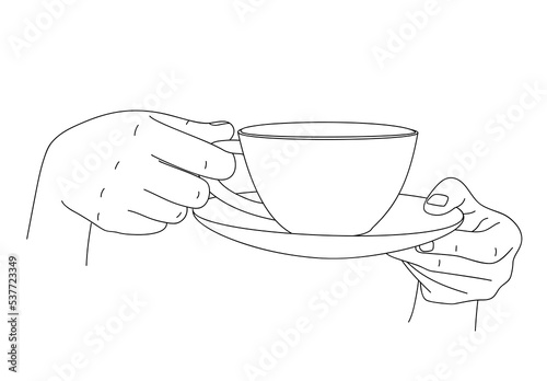 Female hands gracefully hold cup of tea or coffee and saucer. Sketch, linear drawing. Morning cup of coffee. Elegant tea pair, mug and saucer for hot drinks. Warm up with hot tea in cold weather