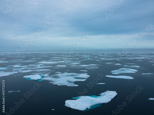 Drifting pack ice in the Arctic Ocean. The snow-capped blue glacial ice is a pristine wilderness, but one that is rapidly melting due to climate change. Nordaustlandet, Svalbard, Norway