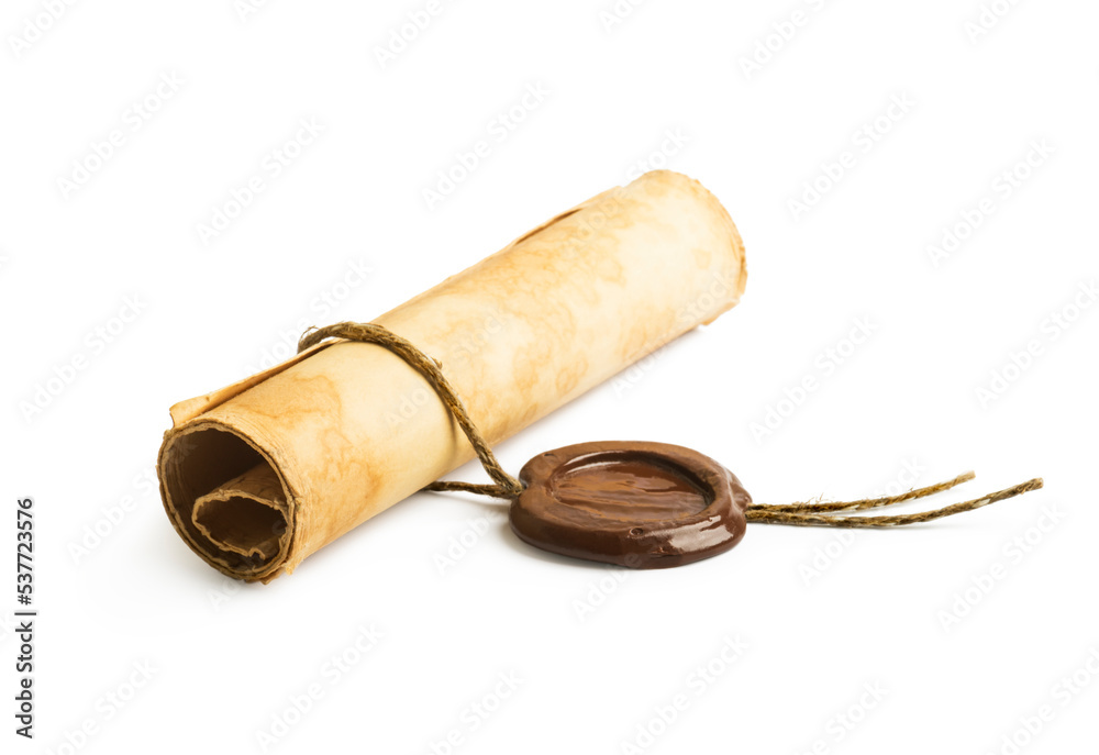 old paper with a wax seal isolated on white background
