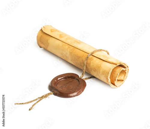 old paper with a wax seal isolated on white background 